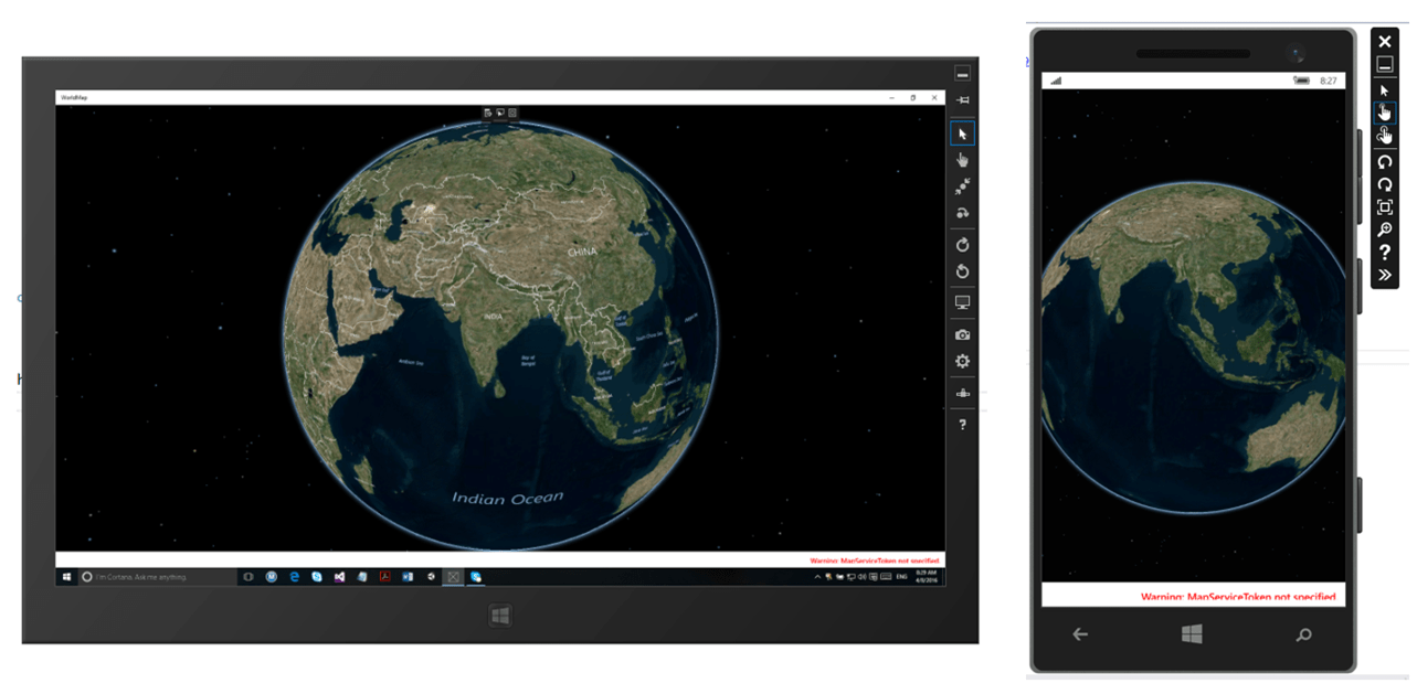UWP World Map running on Windows 10 Device Simulator and Windows Phone 10